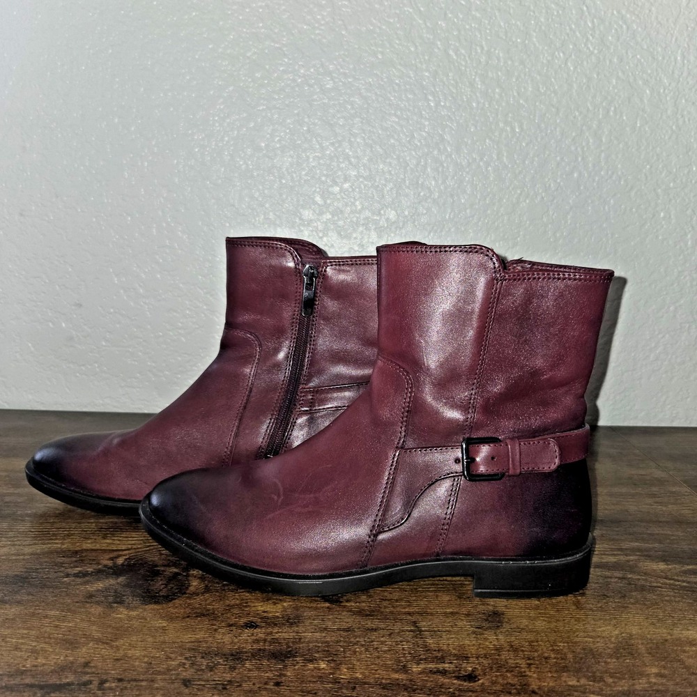 ECCO Ankle Boots Womens 36 5-5.5 Burgundy Leather Ombre Side Zip Moto Booties